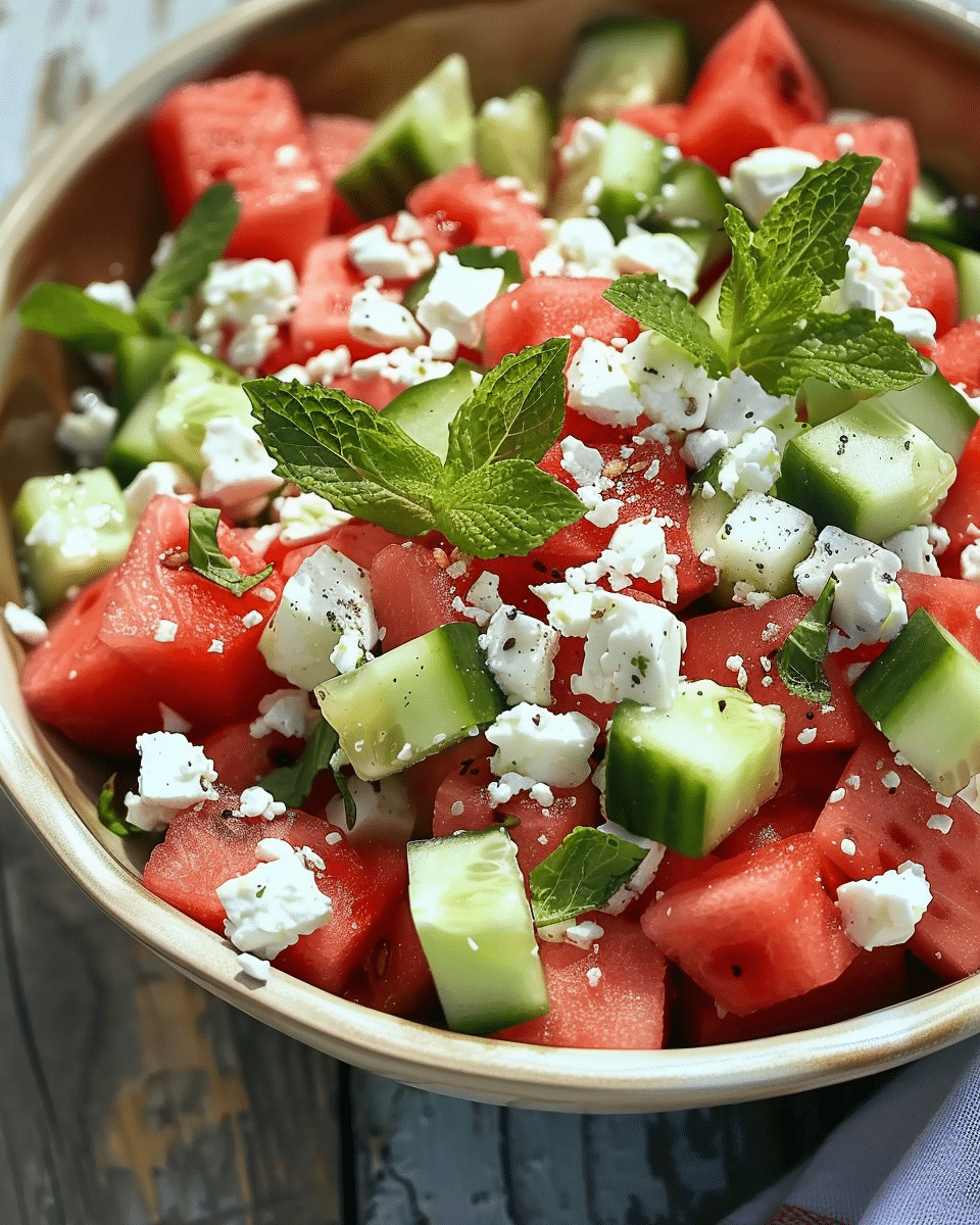 Easy Watermelon Feta Salad with Mint and Cucumber