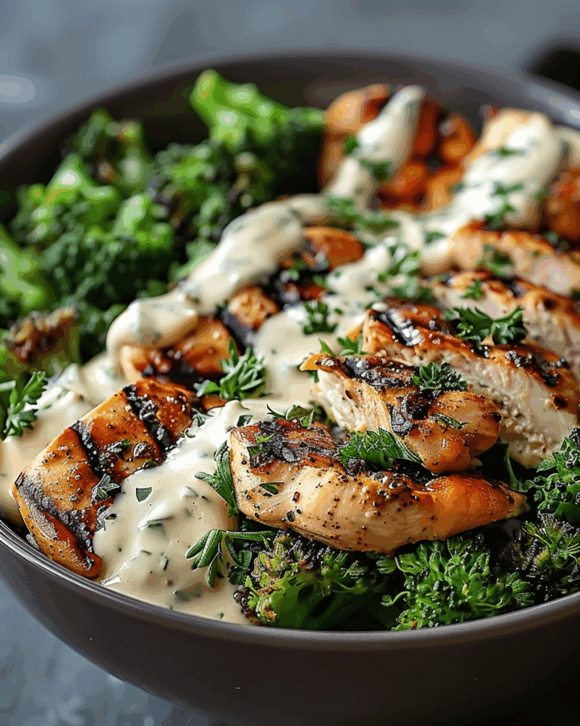 Grilled Chicken & Broccoli Bowls with Creamy Garlic Sauce