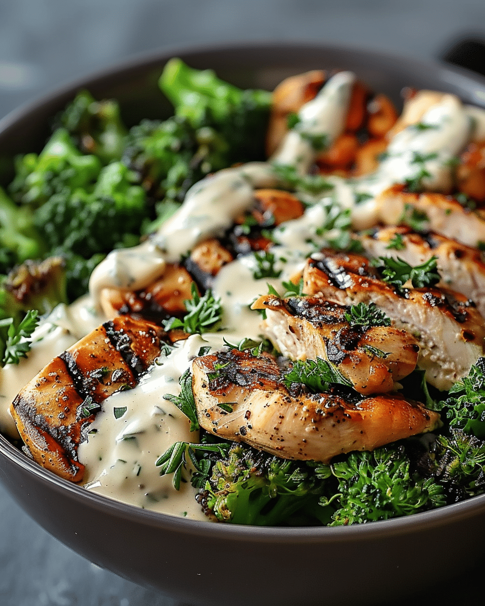 Grilled Chicken & Broccoli Bowls with Creamy Garlic Sauce