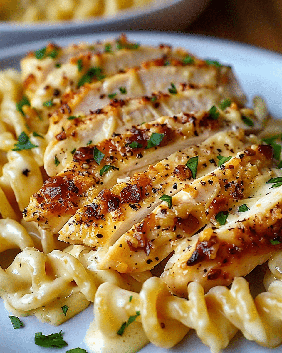 Creamy Garlic Parmesan Chicken with Cheesy Twisted Pasta