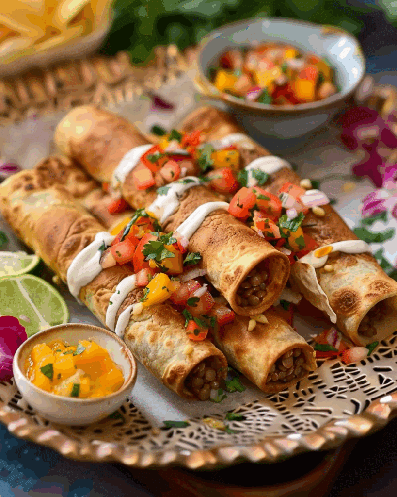 Crispy Lentil Taquitos with Raw Mango SalsaCrispy Lentil Taquitos with Raw Mango Salsa