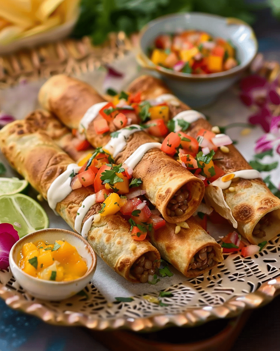 Crispy Lentil Taquitos with Raw Mango SalsaCrispy Lentil Taquitos with Raw Mango Salsa