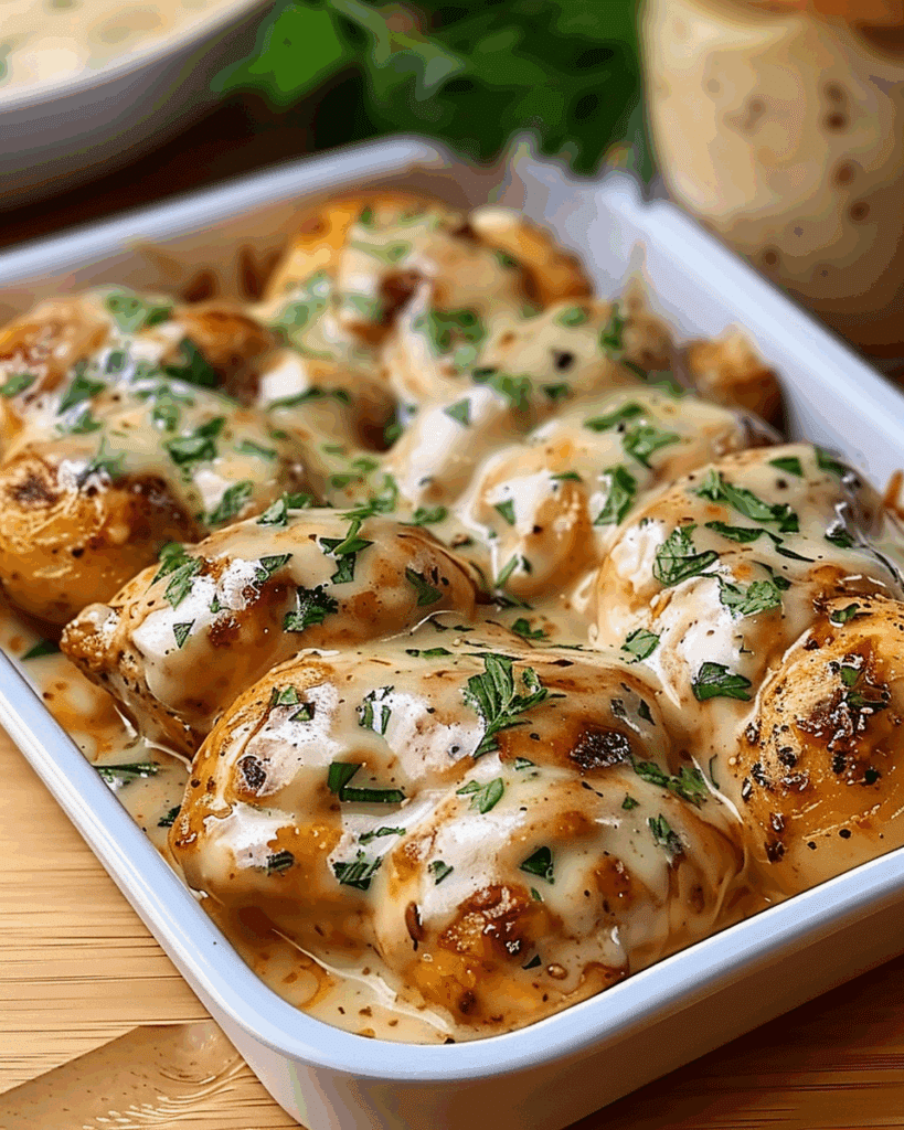 High Protein Creamy Garlic Cheesy Chicken & Potatoes