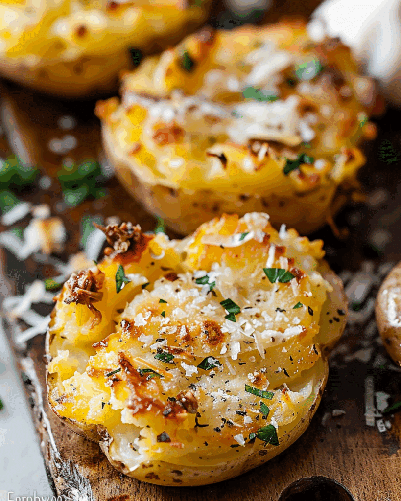 Baked Smashed Potatoes With Garlic & Parmesan