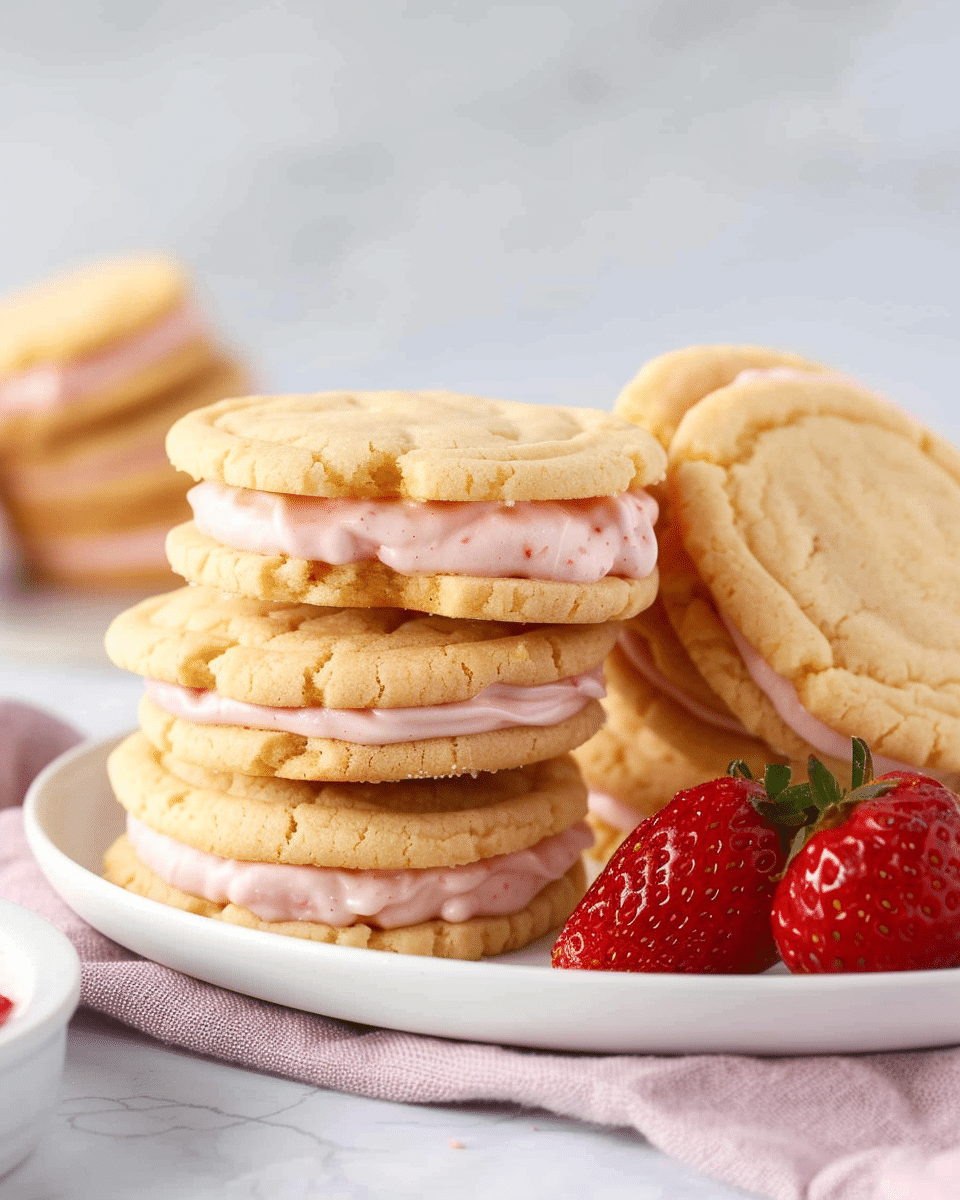 Lemon Sandwich Cookies with Strawberry Frosting