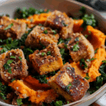 Maple Miso Whipped Sweet Potatoes with Cornmeal Crusted Tofu