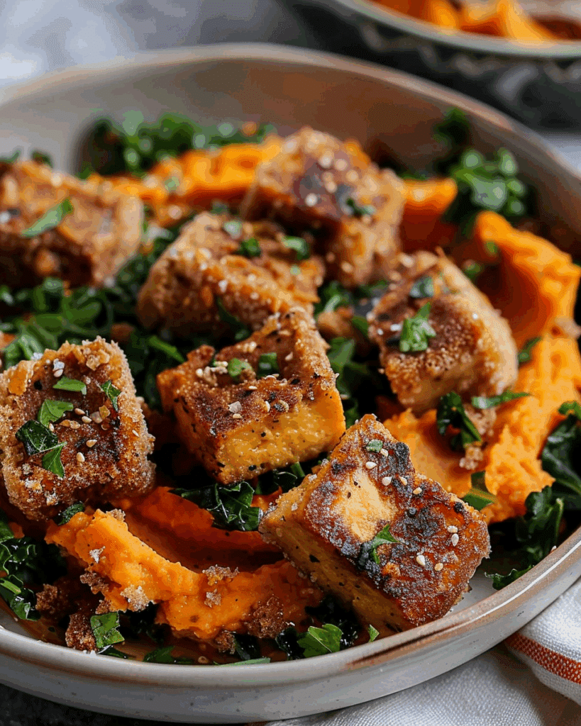 Maple Miso Whipped Sweet Potatoes with Cornmeal Crusted Tofu
