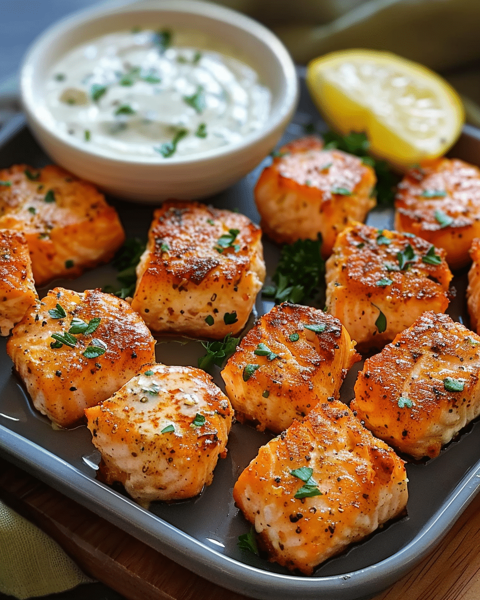 Air Fryer Salmon Bites with Garlic Cream Sauce