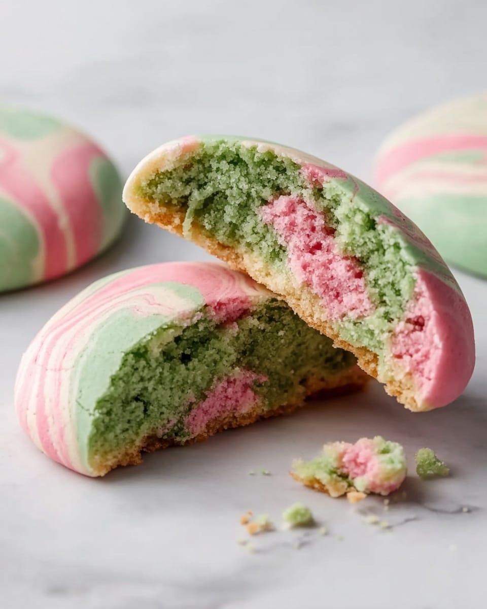 A close-up of a round cookie with two layers inside, one green and one pink, showing a soft, crumbly texture. The top surface of the cookie has smooth swirls of pink, light green, and white colors, blending together in a gentle marble pattern. The cookie is broken in half, with one half resting on its side to reveal the green layer on top and the pink layer beneath, while the other half shows mostly the pink layer inside and the marble color on the outside. The cookie sits on a white marbled surface with some small crumbs nearby. Photo taken with an iphone --ar 4:5 --v 7