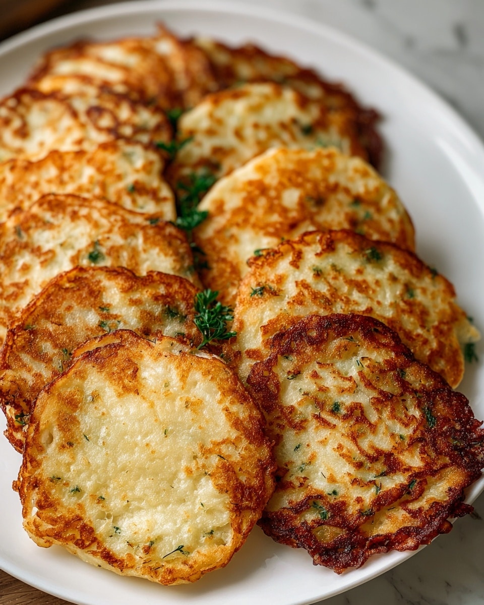 The image shows a white plate filled with three neat rows of golden brown potato pancakes. Each pancake is round with an uneven, crispy edge that is darker brown, contrasting with a lighter, soft center. The pancakes overlap slightly, and small bits of green herbs are visible poking through the pancakes, adding a touch of color. The plate is placed on a white marbled surface. The lighting highlights the crunchy texture on the pancakes' surface and the soft inside, making them look fresh and tasty. photo taken with an iphone --ar 4:5 --v 7