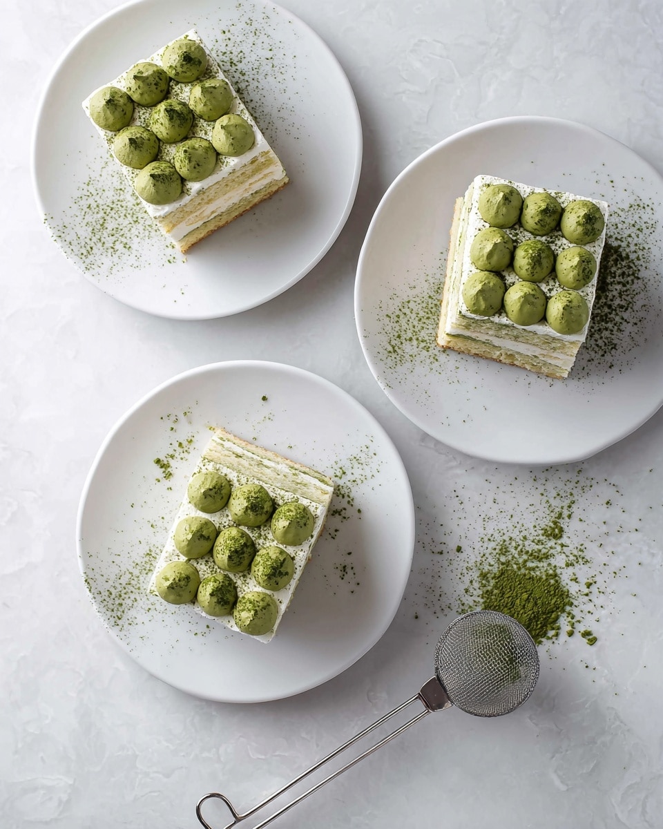 Three square slices of light-colored cake with whipped cream layers are placed on three white plates over a white marbled surface. Each cake slice has two layers: a creamy pale base and evenly spaced green dollops on top, dusted with green powder. A metal tea strainer with green powder scattered around lies near the plates. The setting is bright, simple, and clean, showing the fresh texture of the cake and the fine green powder on top and around. photo taken with an iphone --ar 4:5 --v 7