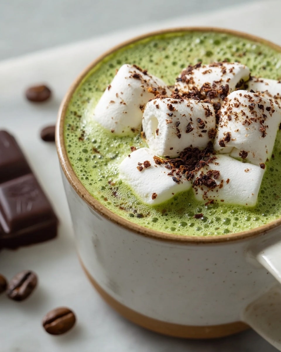 A close-up shot of a creamy green drink in a white ceramic cup with light brown rim details. The drink has a foamy texture and is topped with a layer of large white marshmallows, sprinkled with fine dark brown powder, likely cinnamon or cocoa. The cup sits on a white marbled surface with scattered coffee beans and a piece of dark chocolate nearby, adding subtle contrasting colors. The overall feel is warm and cozy, with soft natural light highlighting the marshmallows and the smooth surface of the drink photo taken with an iphone --ar 4:5 --v 7