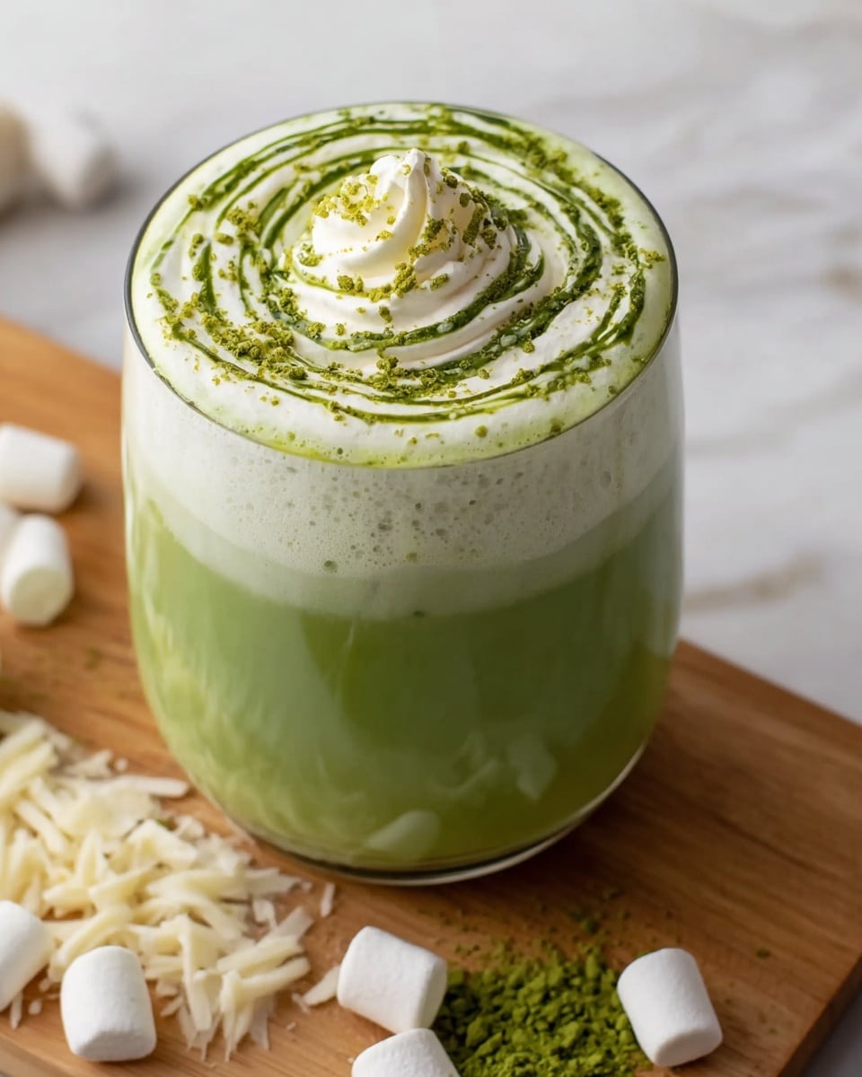 A white cup filled with a green creamy drink with small dark specks, topped with white mini marshmallows and thin white chocolate shavings spread evenly. The cup sits on a white saucer that has a few extra mini marshmallows and some light powder on it. In the background, there is a white bowl with more white mini marshmallows and a blurred silver spoon on a white marbled surface. Photo taken with an iphone --ar 4:5 --v 7