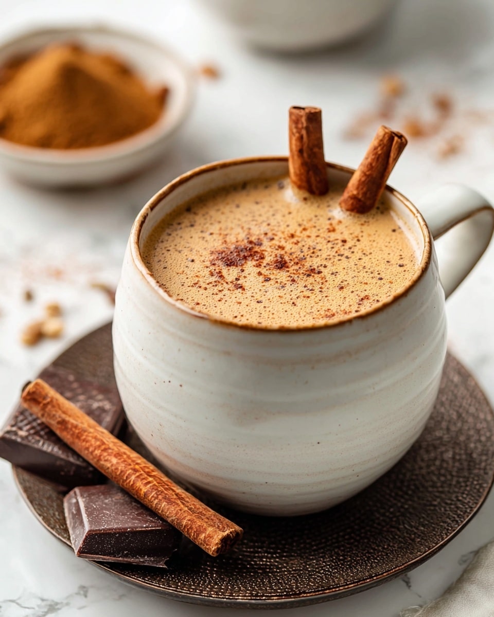 A white speckled cup with a thick, creamy light brown liquid inside sits on a dark textured saucer, surrounded by two cinnamon sticks and two pieces of dark chocolate with white patterns. The drink is topped with a light sprinkle of cinnamon powder and two cinnamon sticks standing upright in the center. In the background, there are blurred bowls with brown powder and more cinnamon sticks on white marbled surface. A soft striped cloth is partly visible on the lower left corner. photo taken with an iphone --ar 4:5 --v 7