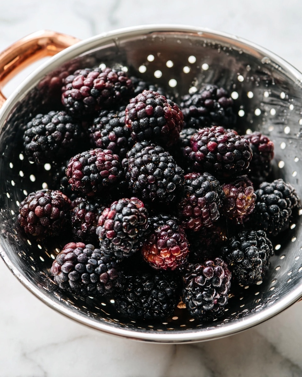 A metal colander filled with fresh blackberries, each berry showing a mix of deep black and dark purple with glossy, slightly bumpy textures. The colander has a shiny silver inside and a copper handle partially visible on the left side. Water droplets cling to the berries and the metal surface, giving a fresh look. The colander is placed on a white marbled surface that adds light reflections and a clean background. Photo taken with an iphone --ar 4:5 --v 7
