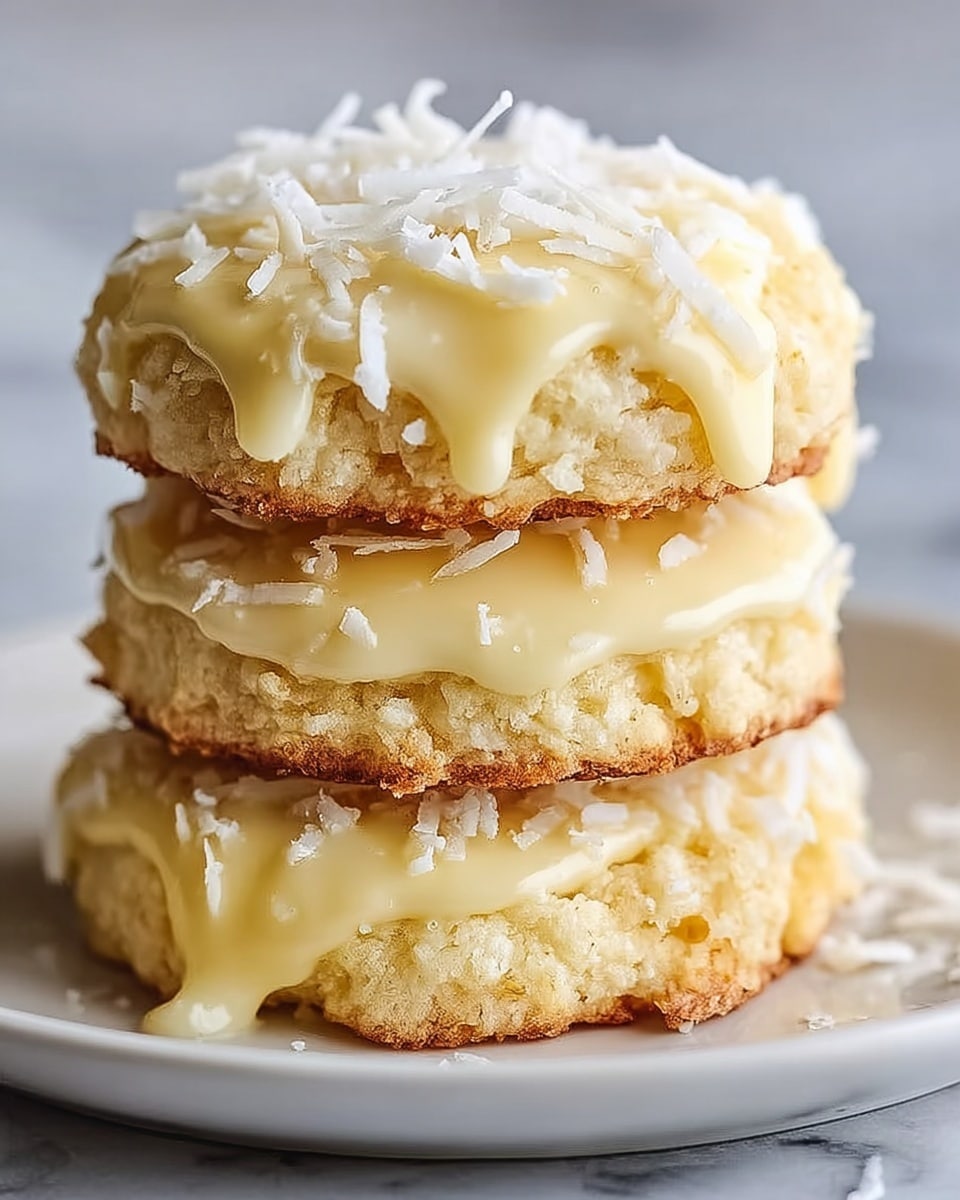 The image shows a stack of three round, light golden cookies placed on a white plate. Each cookie layer is thick and has a crumbly texture with slightly uneven edges. Between and on top of the cookies, there is a creamy, pale yellow frosting that drips down the sides, giving the dessert a moist look. The top frosting layer is sprinkled with white coconut flakes, adding a rough texture. The background surface is a white marbled texture. photo taken with an iphone --ar 4:5 --v 7