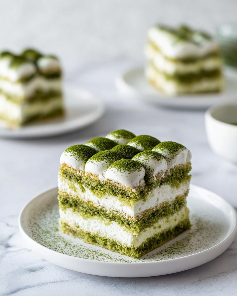 A square slice of matcha tiramisu sits on a simple white plate with a fork beside it. The dessert has three visible layers of light green matcha-soaked sponge that looks soft and moist, alternating with three layers of creamy off-white filling. The top layer is decorated with evenly spaced dollops of white cream, each dusted generously with dark green matcha powder. The plate rests on a white marbled surface, giving the scene a clean and bright appearance. Photo taken with an iphone --ar 4:5 --v 7