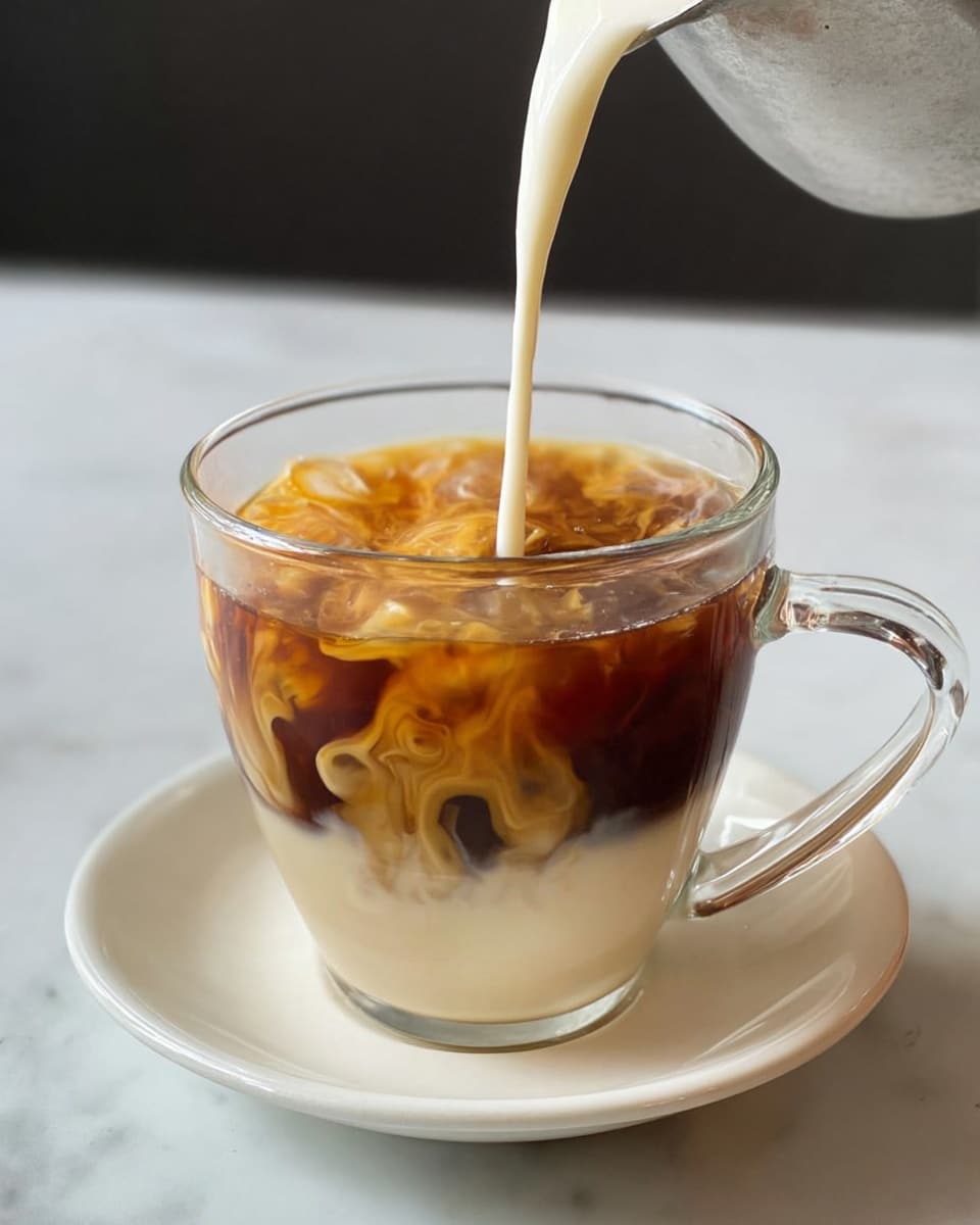 A clear glass cup with a handle sits on a white saucer against a white marbled surface. The cup has three visible layers: a light creamy layer at the bottom, a swirling golden brown middle layer where milk is being poured into dark coffee forming clouds and waves, and the top layer which is the darker coffee that starts to mix with the milk. The milk from a metal container is shown pouring into the cup, creating soft, cloudy textures in the liquid. The scene captures a close-up of the cup and saucer, focusing on the mixing of the milk and coffee. photo taken with an iphone --ar 4:5 --v 7