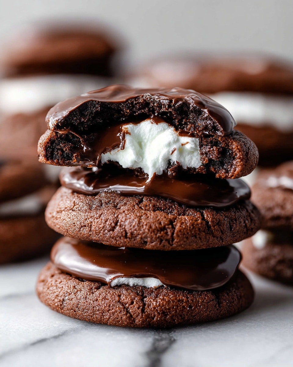 A close-up view of a stack of three chocolate cookies on a white marbled surface, each cookie has a smooth layer of dark chocolate on top. The top cookie is broken in half, showing a thick white marshmallow filling inside, which looks soft and fluffy. The cookies have a rich, dark brown color and a slightly rough texture around the edges. The background is softly blurred with more cookies visible. The overall look is rich and tempting. photo taken with an iphone --ar 4:5 --v 7