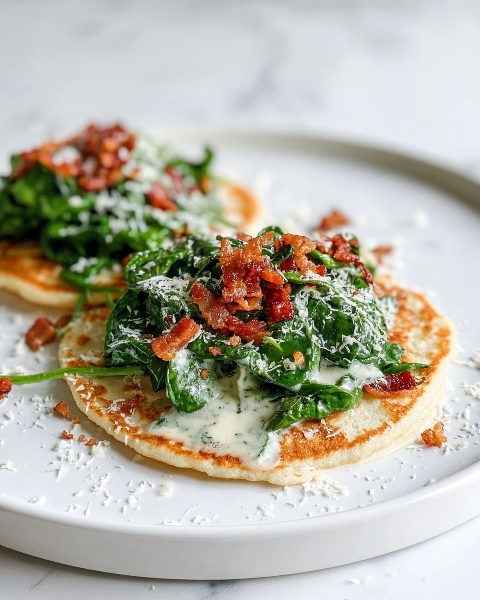 The image shows two open flatbread pieces on a white plate, each topped with layers of fresh green lettuce leaves, creamy white grated cheese, and small bits of crispy brown bacon. The flatbreads have a golden-brown, slightly crispy texture with some charred spots. The plate sits on a white marbled surface with some scattered cheese and bacon crumbs around it. photo taken with an iphone --ar 4:5 --v 7