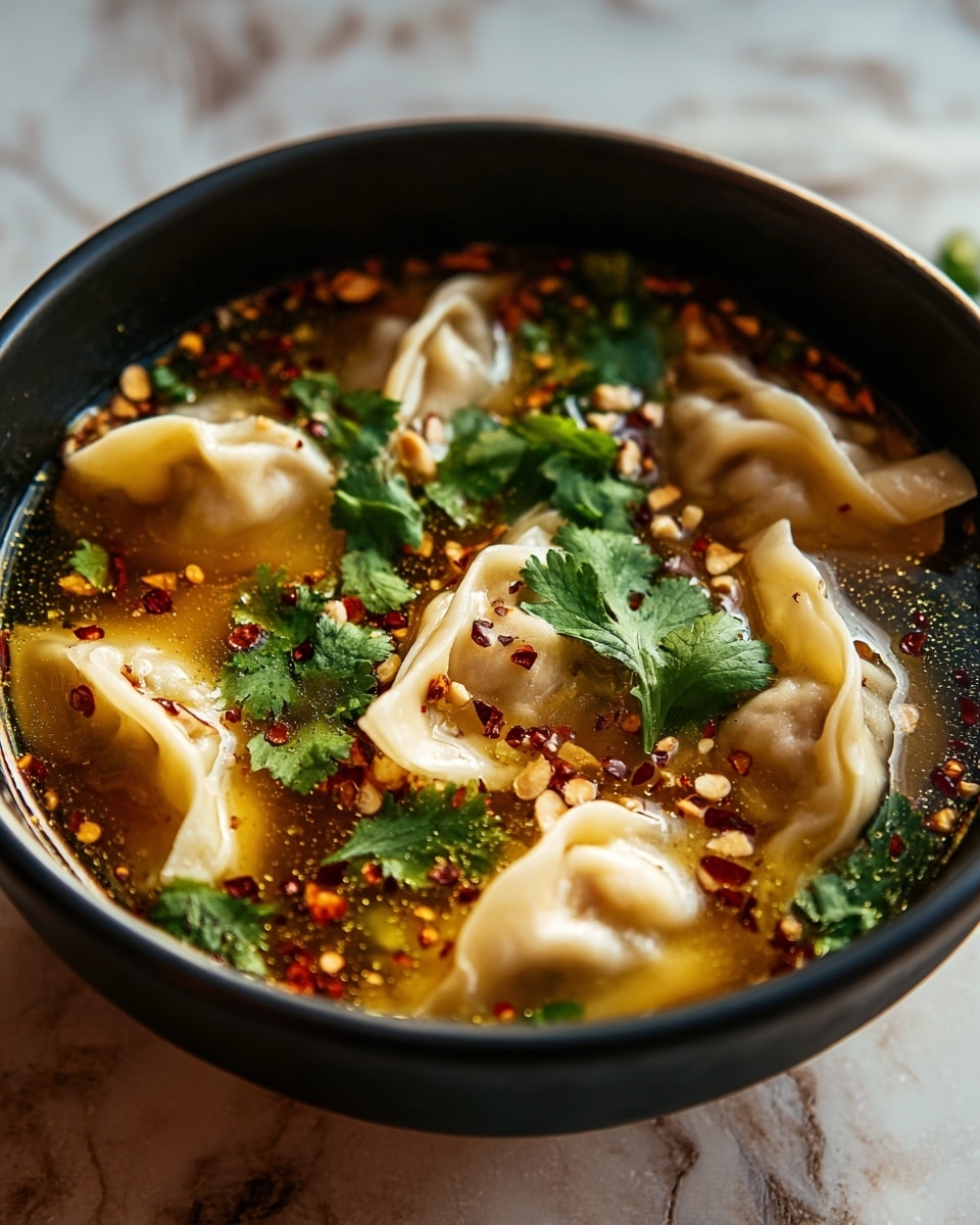 The image shows a close-up of a black bowl filled with creamy, orange-yellow soup with a smooth texture and some small oil droplets floating on top. Inside the soup, there are several light beige dumplings with soft, folded edges. Bright green cilantro leaves are scattered across the surface of the soup, adding fresh color contrast. A metal spoon holds one dumpling above the soup, showing its rounded, filled shape and a small cilantro leaf on top. The scene is set on a white marbled surface, creating a clean background. photo taken with an iphone --ar 4:5 --v 7