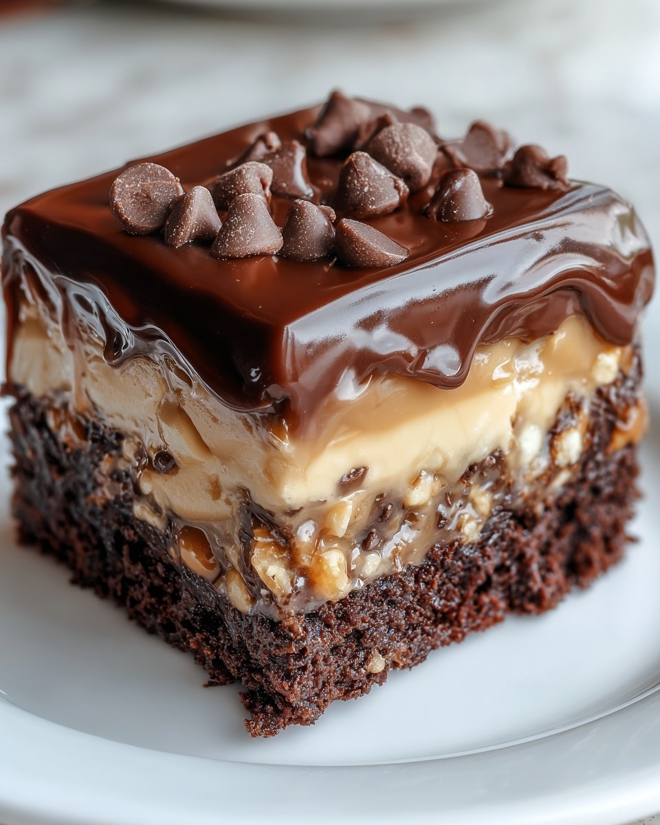 A close-up of a three-layer chocolate dessert on a white plate. The bottom layer is dark brown, soft, and crumbly chocolate cake. The middle layer is light tan, creamy with small bits mixed inside, possibly nuts and caramel. The top layer is a shiny, smooth dark chocolate glaze that drapes over the sides. There are small pieces of chocolate chips scattered on top, some whole and some broken. The scene is set on a white marbled background. Photo taken with an iphone --ar 4:5 --v 7