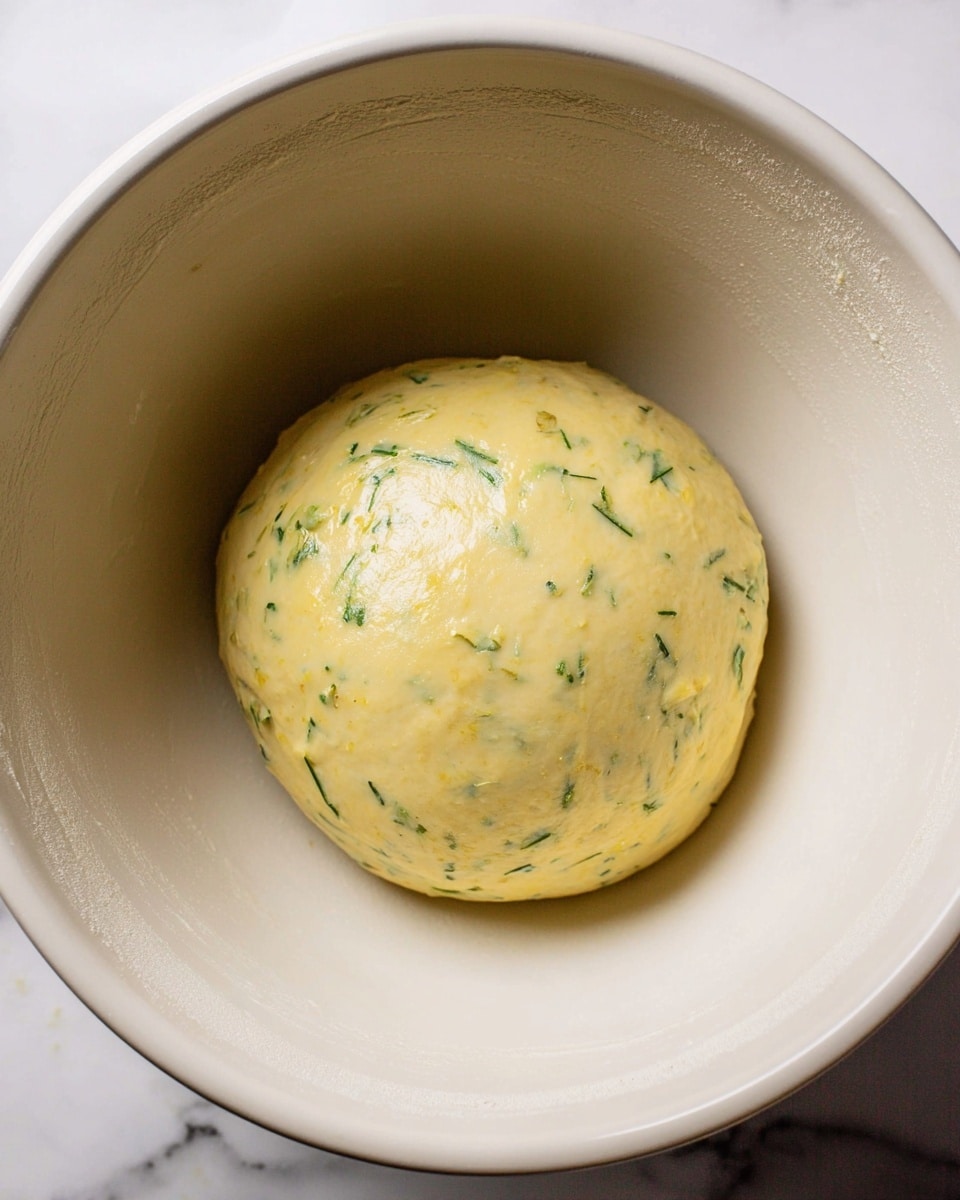 A smooth round ball of dough with small green herb flakes mixed in, sitting in the center of a large white bowl. The dough has a shiny, slightly wet surface and a pale yellow color, with the bowl resting on a white marbled surface. photo taken with an iphone --ar 4:5 --v 7