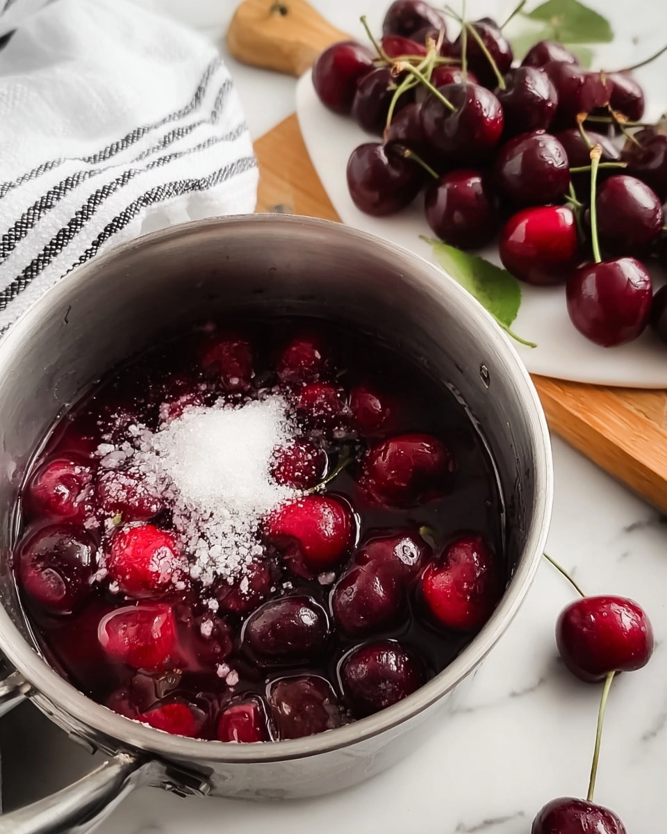 A silver pot contains a mix of deep red cherries, some whole and some sliced, laying in a small pool of red juice. On top of the cherries, there is a small pile of white granulated sugar. In the background, on a white marbled surface, there is a small white wooden board with bunches of whole cherries, dark red and shiny with green stems and leaves attached. Part of a white and black striped cloth is visible in the upper left corner. photo taken with an iphone --ar 4:5 --v 7
