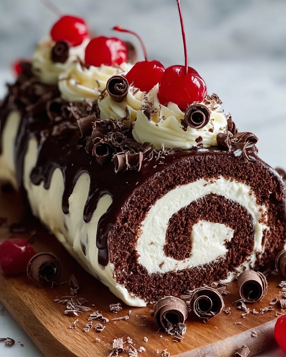 The image shows a sliced chocolate roll cake with three visible layers spiraled inside: a dark brown chocolate cake layer, a thick white cream filling, and the chocolate cake layer again, all rolled together. The outside is covered with smooth white cream and shiny dark chocolate glaze dripping down the sides. On top, there are white cream swirls each topped with a bright red cherry and curled dark chocolate decorations. The cake is placed on a wooden board with some chocolate curls scattered around. The background is a white marbled texture. photo taken with an iphone --ar 4:5 --v 7