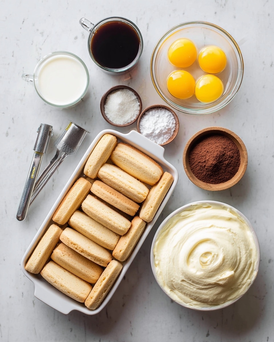 The image shows ingredients for a dessert laid out on a white marbled surface. There is a rectangular white dish full of light brown ladyfinger biscuits arranged neatly side by side. Above and near the center, there is a clear glass bowl with four bright yellow egg yolks. To the left are various measuring cups and bowls, including a glass cup filled with dark coffee, a glass cup with white milk, a silver measuring cup filled with white sugar, a small silver cup containing brown cocoa powder, and a small wooden bowl with a pinch of salt. In the bottom right corner, there is a white bowl filled with smooth, creamy white mascarpone cheese. All items are placed in a neat organized manner, shown from above. Photo taken with an iphone --ar 4:5 --v 7