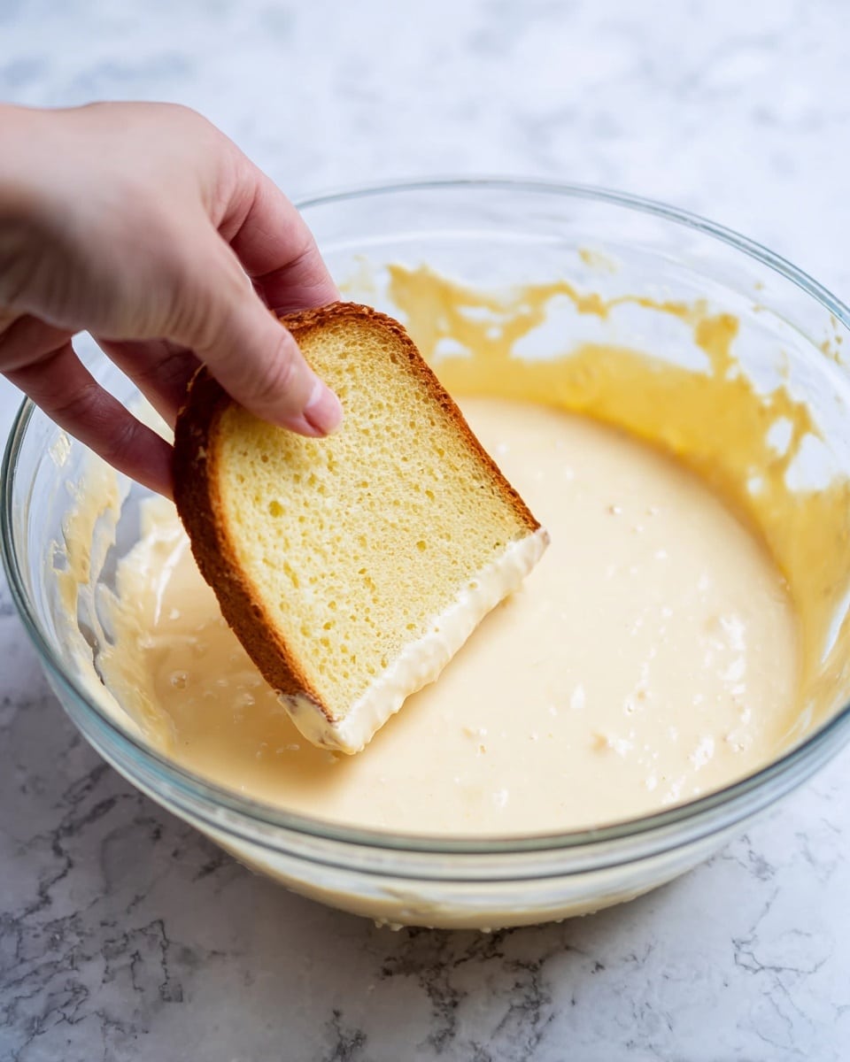 A clear glass bowl sits on a white marbled surface, filled with creamy pale yellow batter. A woman's hand is dipping a single slice of light brown toasted bread partially into the batter, showing the textured, soaked side facing up. The bread slice has an even light golden crust along the edges. The bowl edges show slight splashes of batter, and the background is softly blurred white marble. photo taken with an iphone --ar 4:5 --v 7