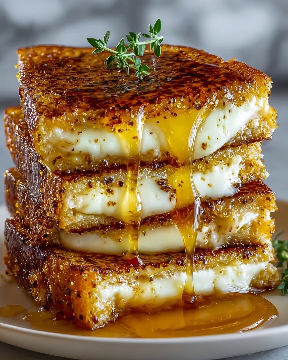 A close-up of a stack of three grilled cheese sandwiches on a white plate, each sandwich showing two brown, crispy toasted bread slices with a melty, white cheese layer in between, with honey or syrup dripping down the sides of the sandwiches, and a small sprig of green thyme on top, all placed on a white marbled surface. Photo taken with an iphone --ar 4:5 --v 7