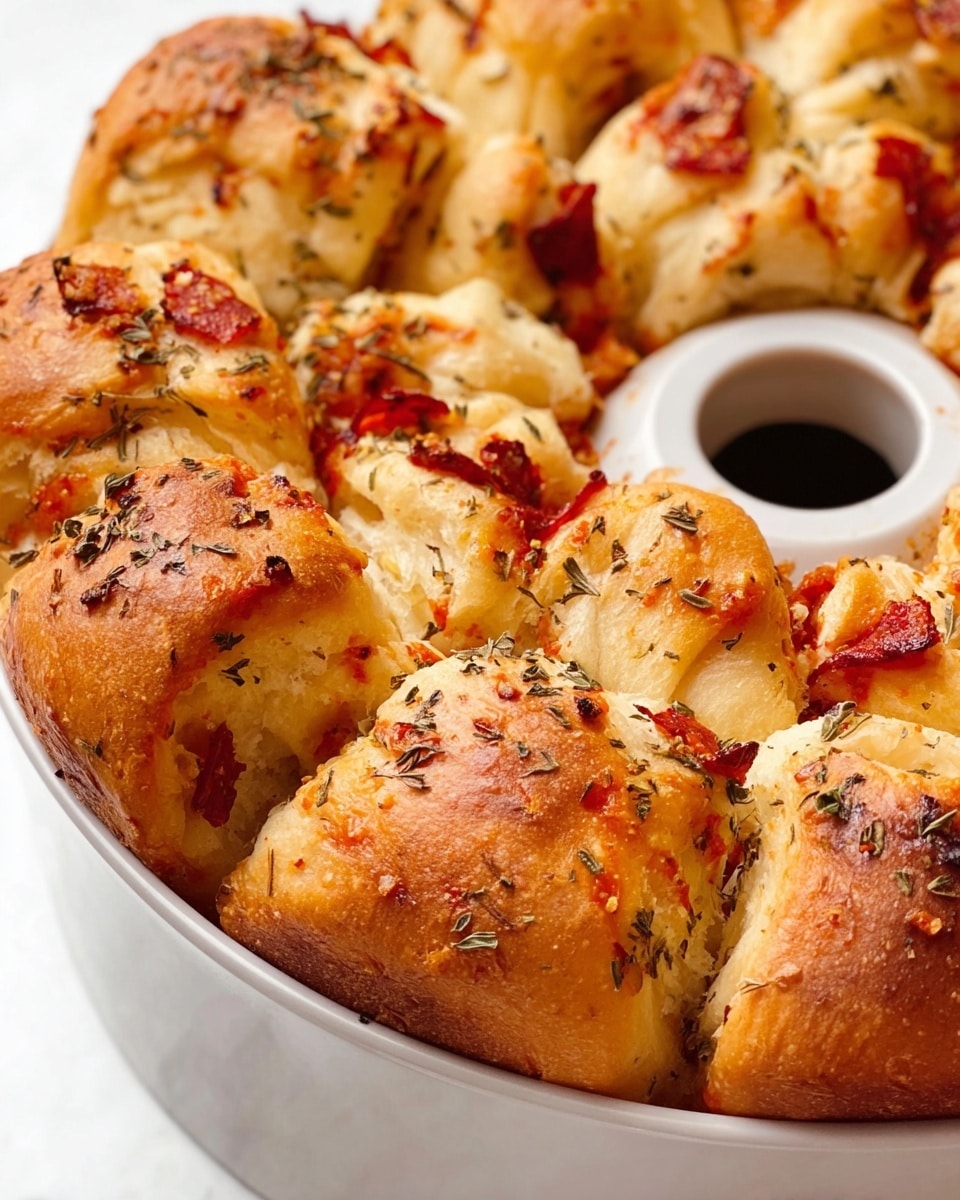A close-up view of a round pizza crust with thick, golden-brown edges, topped with melted white cheese scattered with bits of pepperoni and fresh green parsley leaves. The crust is sprinkled with herbs and some white cheese crumbles, giving it a textured look. At the center, there is a clear glass bowl filled with bright red marinara sauce, slightly shiny with small bubbles, and decorated with a few parsley leaves. The entire dish sits on a white marbled surface, showing the contrast between the warm colors of the pizza and the clean background. Photo taken with an iphone --ar 4:5 --v 7