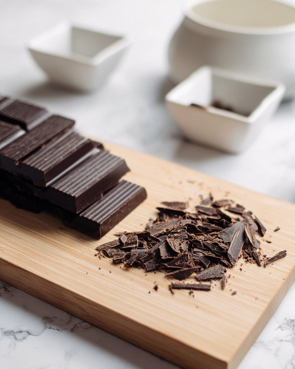 A close-up image showing a wooden cutting board placed on a white marbled surface. On the board, there is a dark brown chocolate bar partially sliced into small rectangular pieces on the left, with thin chocolate shavings scattered in a pile on the right. The background is softly blurred, featuring two small white square bowls and a white saucepan, creating a clean and simple kitchen scene. photo taken with an iphone --ar 4:5 --v 7