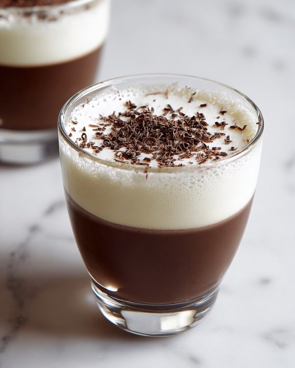 The image shows a clear double-walled glass filled with two layers. The bottom layer is dark brown and smooth, probably chocolate. On top, there is a thick white layer of cream, slightly foamy and spread evenly. The top surface is sprinkled with small, dark brown chocolate shavings scattered loosely. The glass sits on a white marbled surface with a slight reflection underneath, and there is a similar glass partially visible in the background. photo taken with an iphone --ar 4:5 --v 7