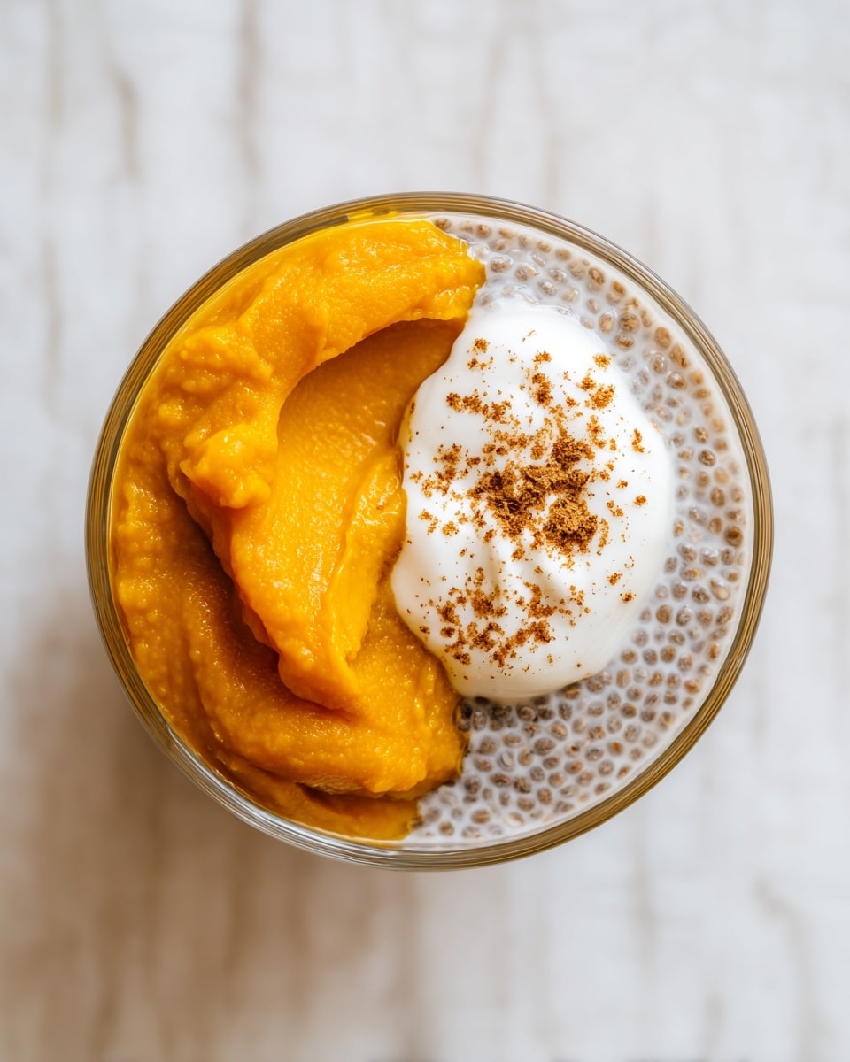 The image shows a clear glass bowl filled with four distinct layers. On the right side, there is a wide layer of creamy chia pudding with visible chia seeds, light brown speckled in a smooth white base. Next to it, on the left and bottom, is a thick, smooth bright orange pumpkin or sweet potato puree with a slightly textured dollop on the left edge. In the center, atop the puree, sits a small layer of glossy white yogurt, sprinkled lightly with some brown flakes or spice. The bowl is placed on a white marbled surface. photo taken with an iphone --ar 4:5 --v 7