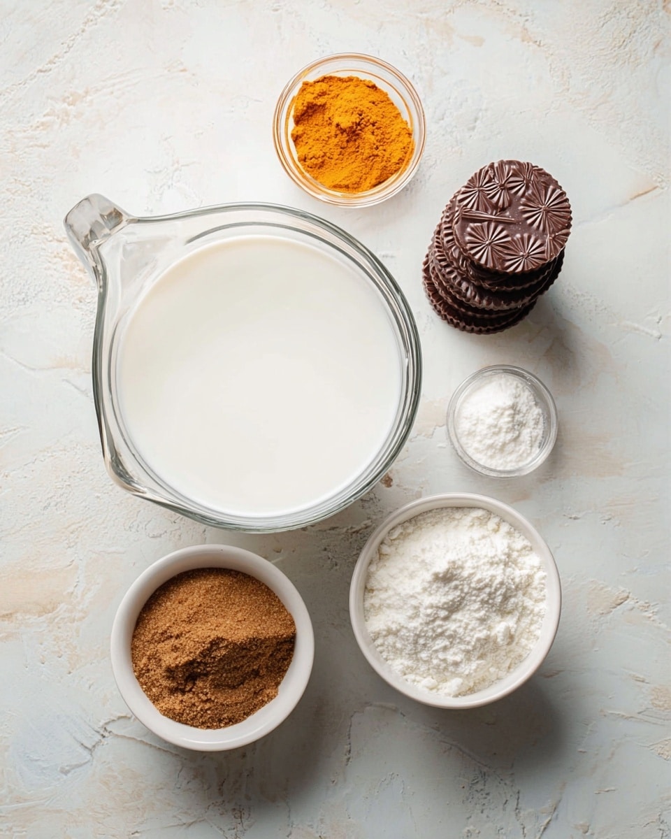 The image shows five small containers with ingredients placed on a white marbled surface. In the middle, there is a large clear glass pitcher filled with white liquid. To the top right of the pitcher, a small, round glass bowl holds a bright orange powder. Next to it, a small stack of round chocolate pieces with a patterned design are placed. Below the pitcher on the left, a small white bowl is filled with brown sugar, and to the right, there is another white bowl containing a white powdery substance. The arrangement is neat and spaced out evenly, with soft, natural lighting. Photo taken with an iphone --ar 4:5 --v 7