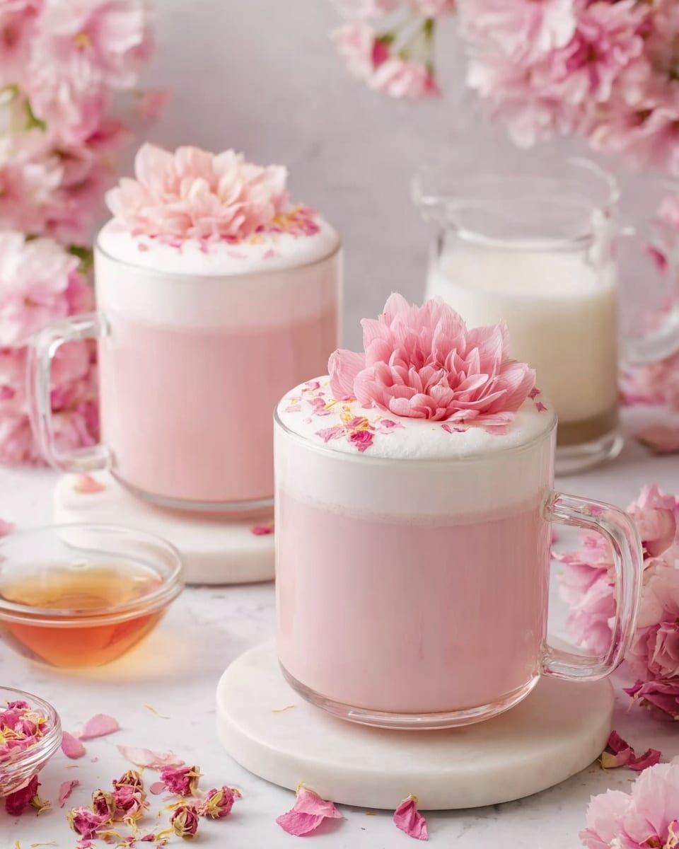 Two clear glass mugs filled with a soft pink drink, each topped with a thick white foam layer. On top of the foam sits a large, delicate pink flower with petals spread out, and some smaller pink flower petals are scattered across the foam. The mugs rest on round white marble coasters, surrounded by loose pink flowers and dried pink petals. In the background, there is a small clear glass bowl with a light brown liquid and a white pitcher with frothy white cream, all set against a white marbled surface with more pink flowers around. Photo taken with an iphone --ar 4:5 --v 7