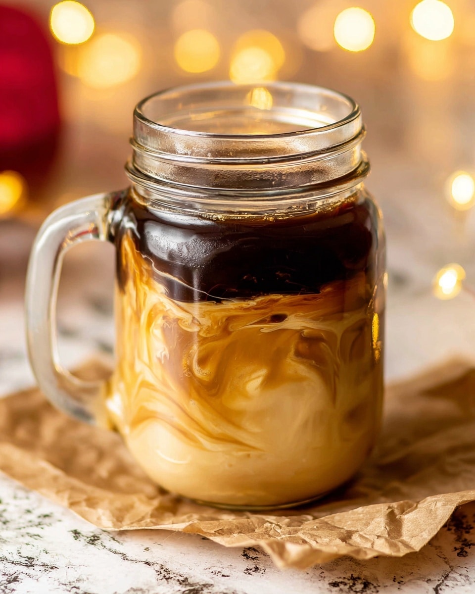 A tall clear glass mug filled with a smooth light brown drink, topped with a generous layer of fluffy white whipped cream. Sprinkled on top of the whipped cream are small, thin red and green sprinkles scattered unevenly. The mug sits on a crumpled piece of brown paper on a white marbled surface, with some blurred objects in the background. The image is bright and focuses closely on the mug, capturing the soft texture of the whipped cream and the shiny glass handle. photo taken with an iphone --ar 4:5 --v 7