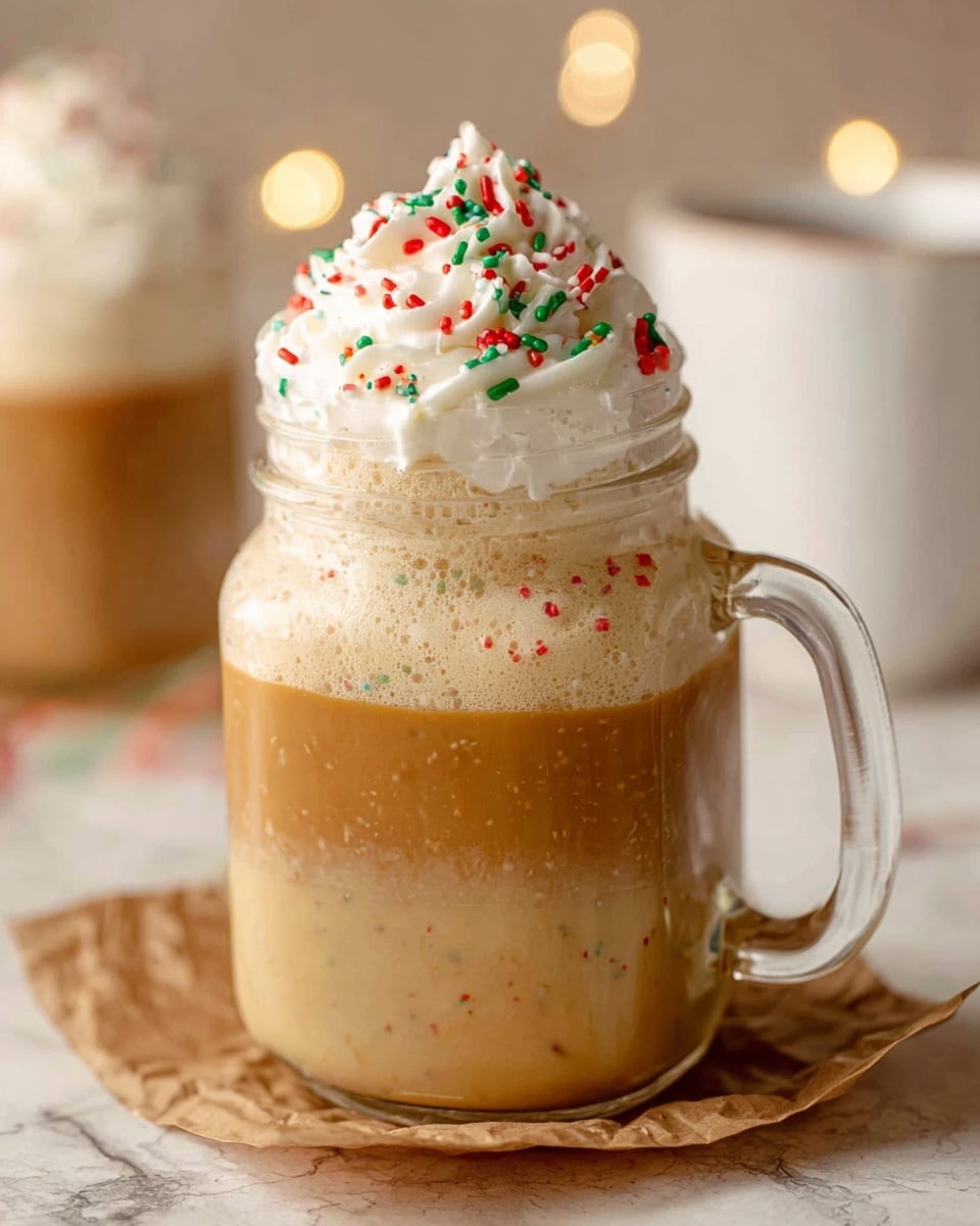 A clear glass jar with a handle holds a drink with three visible layers: the bottom layer is a light beige color with some specks, the middle layer is a smooth caramel brown tone, and the top layer is a thick swirl of white whipped cream decorated with red and green sprinkles. The jar is placed on crumpled brown paper on a white marbled surface, and soft warm lights glow softly in the blurred background with a white cup partially visible behind the jar. Photo taken with an iphone --ar 4:5 --v 7