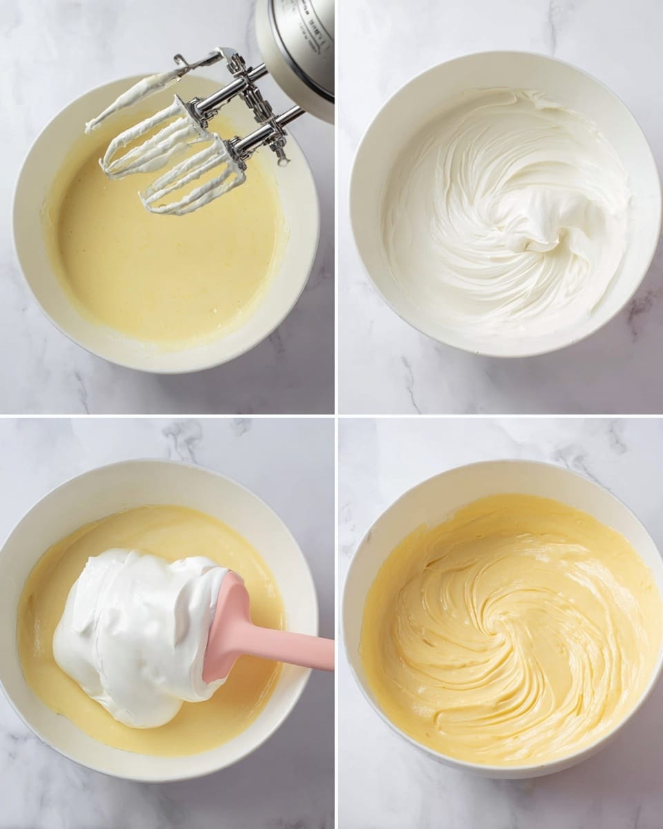 The image shows four steps of mixing a batter in white bowls placed on a white marbled surface. The top-left section shows a mixer with two beaters whipping a light yellow liquid in a white bowl. The top-right section shows thick, glossy white mixture forming soft peaks in a white bowl. The bottom-left section shows a white spatula holding a fluffy white dollop above a yellow batter in a white bowl. The bottom-right section shows the yellow batter and white mixture gently folded together using a pink spatula inside the white bowl, creating a creamy, smooth texture with swirls visible. Photo taken with an iphone --ar 4:5 --v 7