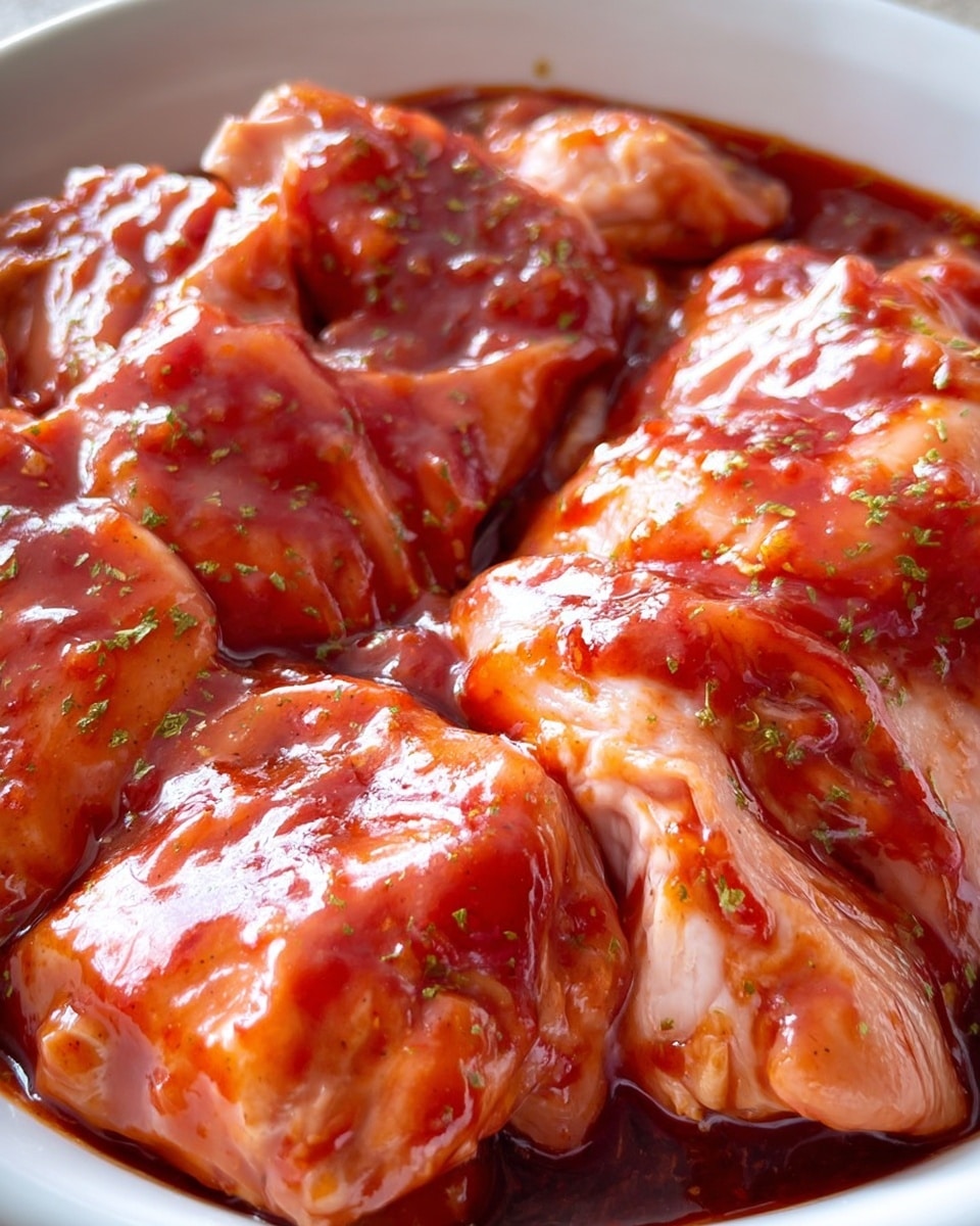 A close-up view of several raw chicken pieces covered in thick, shiny red marinade with visible small bits of green herbs. The chicken pieces have light pink and white tones with folds and smooth texture, coated evenly in the rich, glossy reddish sauce filling the shallow white bowl beneath. The surface inside the bowl shows some splash marks of the vibrant red marinade. photo taken with an iphone --ar 4:5 --v 7