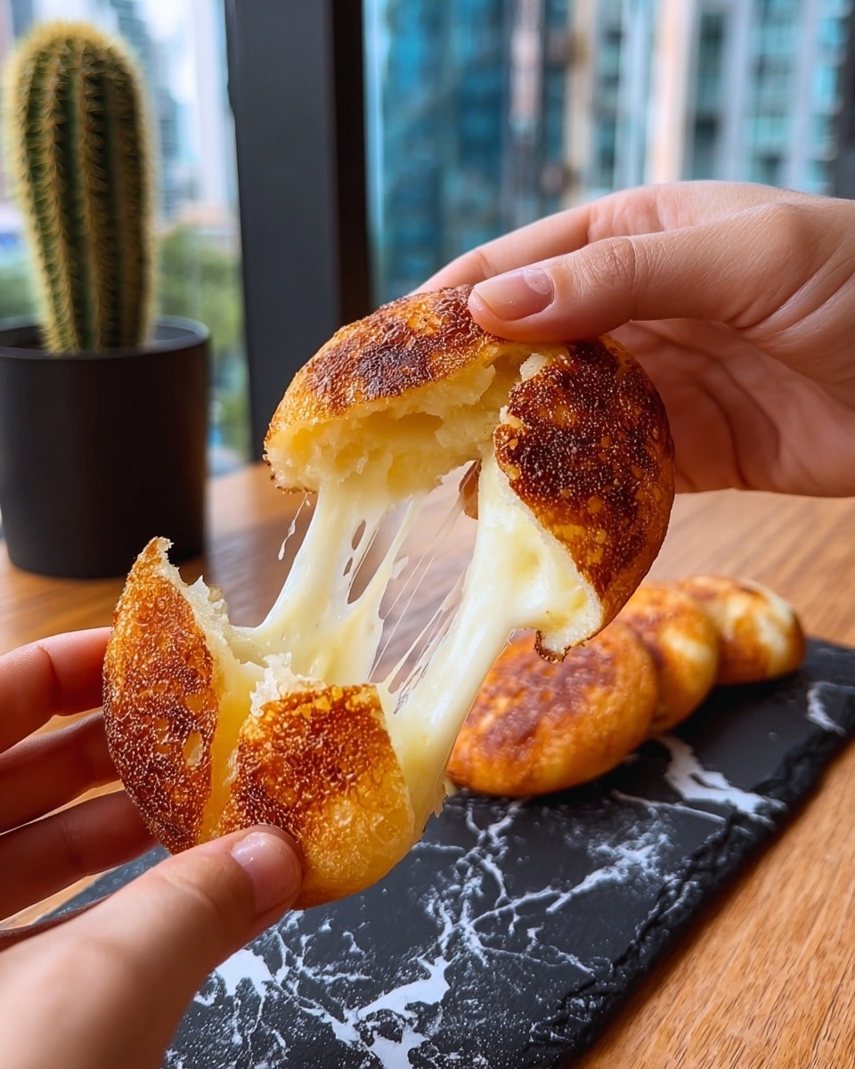 A close-up of a small round golden brown bread with a crispy, browned crust on the outside, being pulled apart by two woman's hands, revealing melted white cheese stretching from the middle. The bread has a soft, fluffy yellow inside. In the background, there are three more pieces of the same bread placed in a line on a black slate board, with a blurred city view and a green cactus plant in a black pot nearby. The setting is on a wooden table with a white marbled texture visible at the edges. photo taken with an iphone --ar 4:5 --v 7