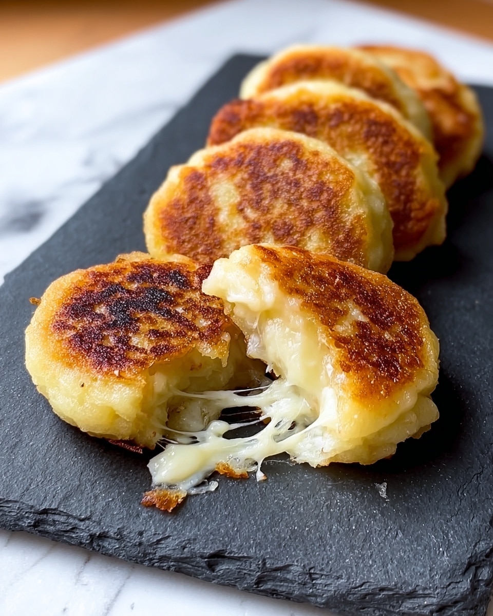 A row of five small round patties with a golden-brown crispy surface sit in a diagonal line on a dark slate plate. The front patty is broken open to reveal a stringy white melted cheese inside, creating a contrast to the light yellow dough exterior. The patties have a slightly rough texture and are slightly thick, with a well-cooked browned top layer. The plate is set on a white marbled surface with a soft natural light highlighting the golden crust and the melting cheese strands. photo taken with an iphone --ar 4:5 --v 7