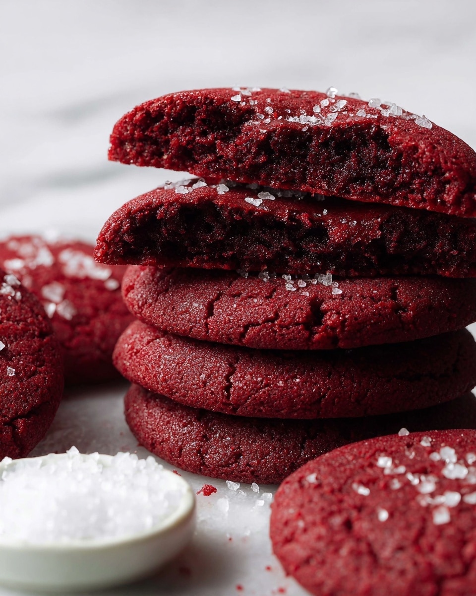A stack of five dark red cookies is shown on a white marbled surface, with four of the cookies split in half and layered on top of each other, revealing a soft, slightly crumbly texture inside. The deep red color is contrasted by small sparkling salt crystals sprinkled on top of the cookies. Two whole cookies lie flat nearby, also sprinkled with salt crystals. In the lower left corner, there is a small bowl filled with white salt crystals. The overall color contrast is between the rich red cookies, the white salt, and the white marbled background, with a close-up, detailed view. Photo taken with an iphone --ar 4:5 --v 7