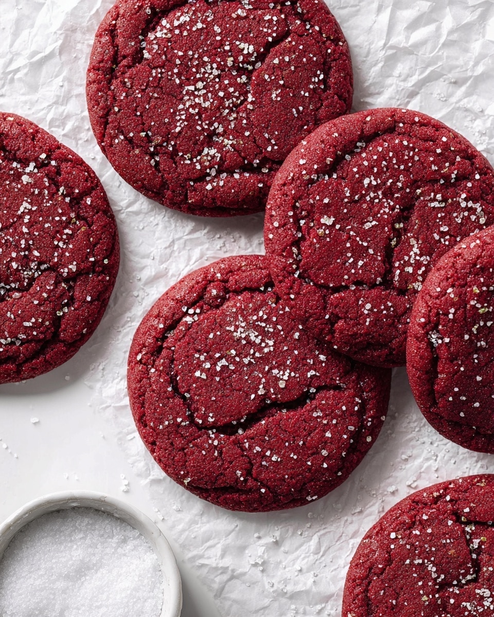 The image shows large, round, deep red cookies with a cracked texture on top, arranged on a white crinkled parchment paper over a white marbled surface. Each cookie is sprinkled with coarse white sugar crystals, creating a sparkling effect against the rich red color. There are five cookies visible, positioned closely but not touching. At the bottom left corner, a small white bowl filled with more coarse sugar is partially visible. The overall scene is bright and clean, with the focus clearly on the textured red cookies. Photo taken with an iphone --ar 4:5 --v 7