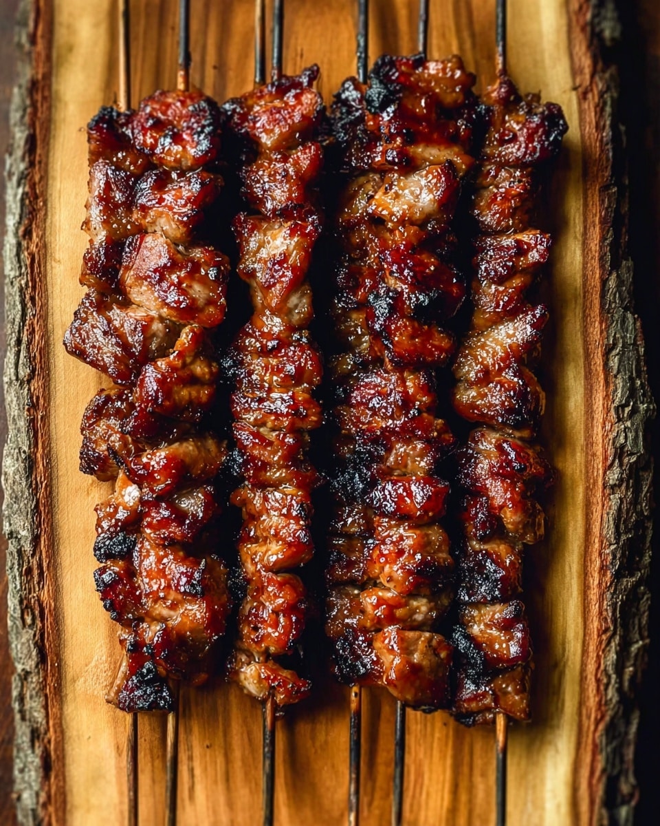 Seven long skewers of grilled meat with a shiny, dark brown glazed surface are laid out side by side on a wooden board with a natural bark edge. Each skewer is fully covered with irregular chunks of meat that show slight charring and juicy textures. The meat pieces vary slightly in size and shape, giving a rustic look. The wooden board has warm tones and contrasts with the rich colors of the meat, highlighting the glossy caramelized coating on the meat pieces. photo taken with an iphone --ar 4:5 --v 7