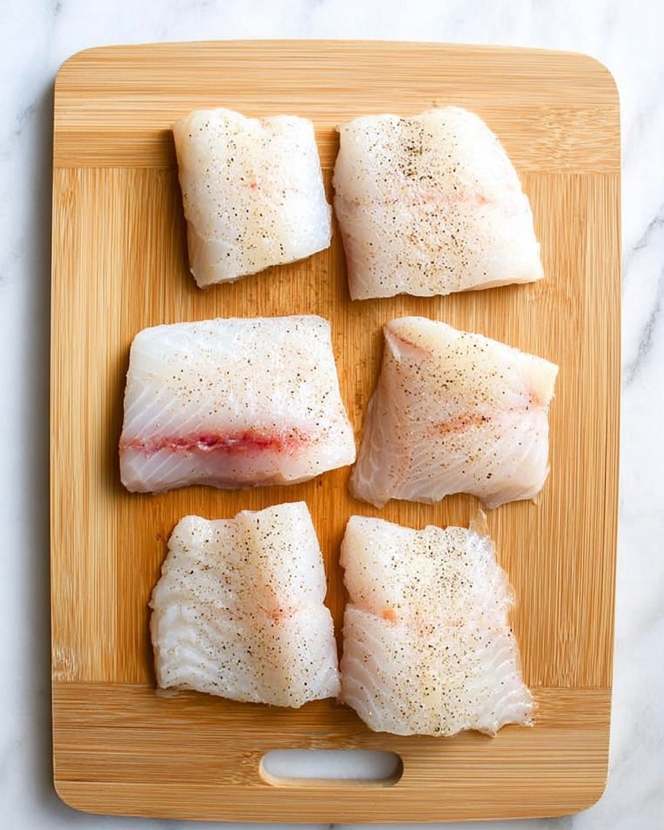 The image shows four raw fish fillets arranged in two rows of two on a light wooden cutting board with a built-in handle on the left side. Each fillet is pale white with a slightly pinkish hue, seasoned with light black pepper scattered evenly over the surface. The fillets have smooth, moist textures with the bottom left fillet showing a small reddish area in the center. The cutting board sits on a white marbled surface, creating a clean and simple setting. Photo taken with an iphone --ar 4:5 --v 7