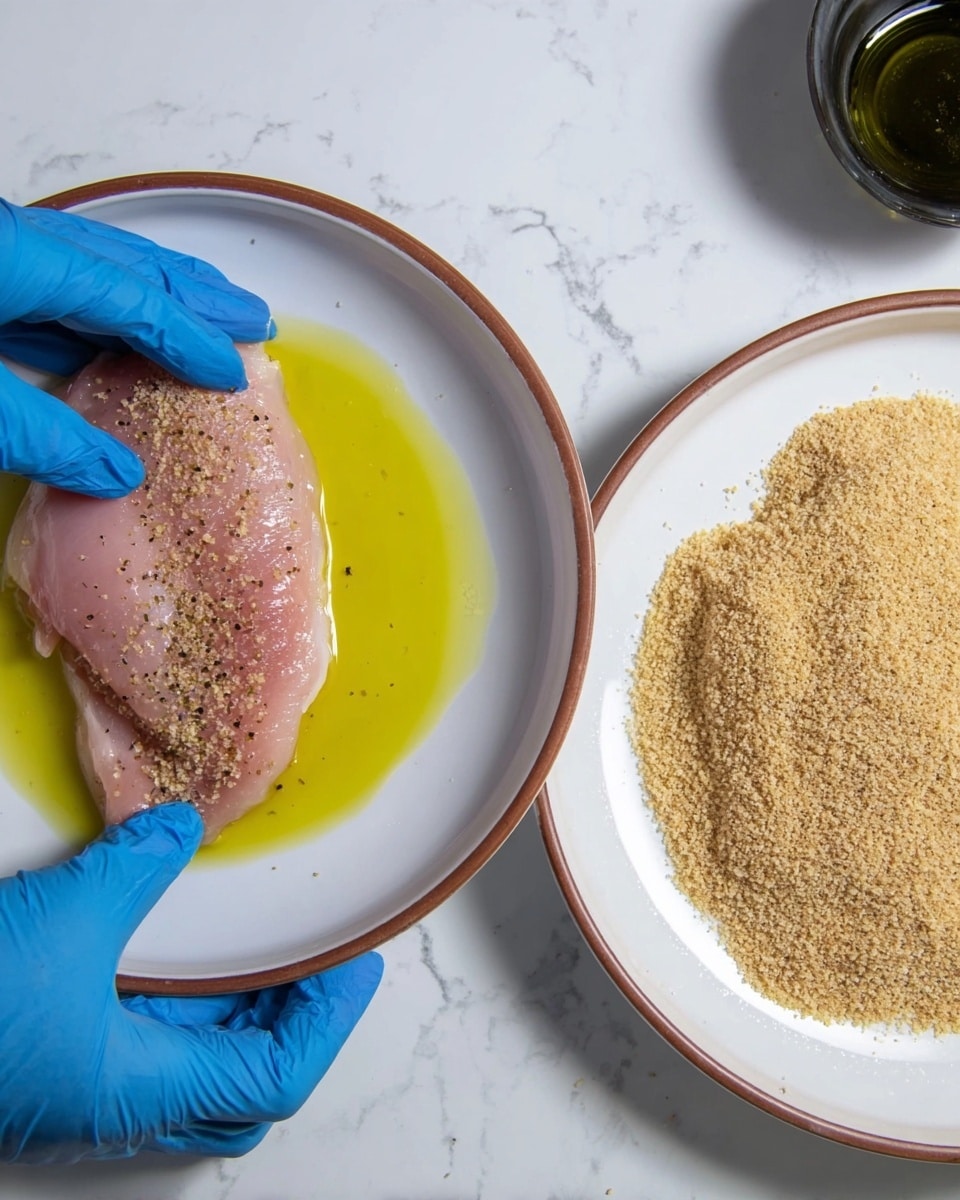 Two white plates with brown rims sit on a white marbled surface. The left plate holds a raw pink chicken piece partially soaked in a layer of golden yellow oil, with small black pepper specks on the chicken. Blue-gloved fingers are pressing the chicken slightly into the oil. The right plate is filled with a single flat layer of light brown breadcrumbs spread evenly across it. A small part of a dark bowl is seen at the top edge of the image. Photo taken with an iphone --ar 4:5 --v 7