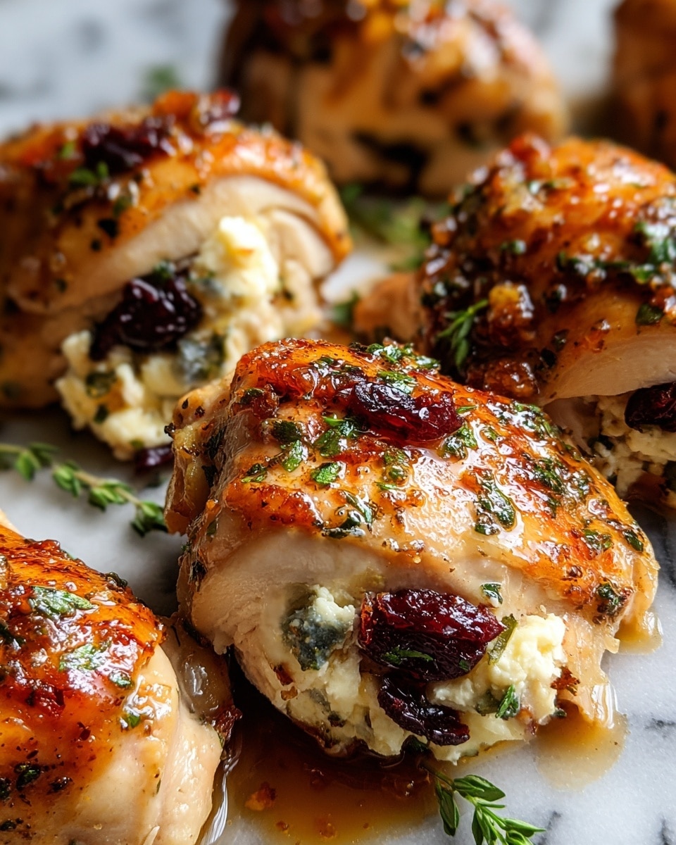 The image shows several golden brown chicken pieces with a slightly shiny and herb-speckled skin layered on a white marbled surface. Each piece is stuffed with creamy white cheese and dark red dried cranberries, which peek out from the center. The chicken looks juicy with some visible melted cheese and herbs around the edges. There is a glossy layer of sauce that has pooled slightly, adding shine and richness. Scattered fresh green herbs add a touch of color contrast. Photo taken with an iphone --ar 4:5 --v 7